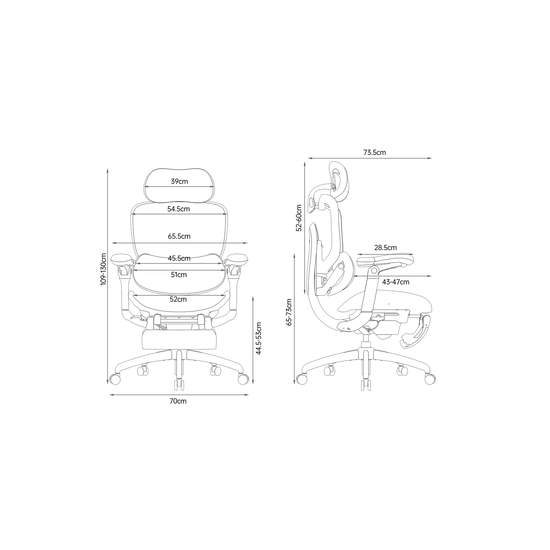 Schéma coté du Doro C300 Pro V2 : hauteur totale 109 à 130 cm, hauteur d’assise 44,5 à 53 cm, base 70 cm