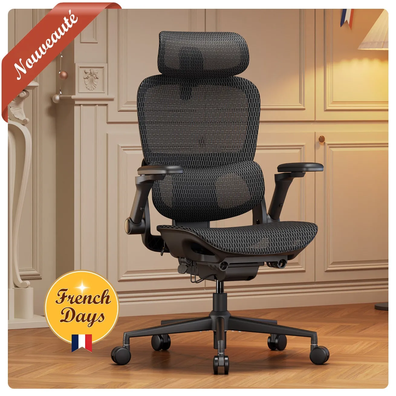 B300 Pro dans un salon, ruban Nouveauté et pastille French Days