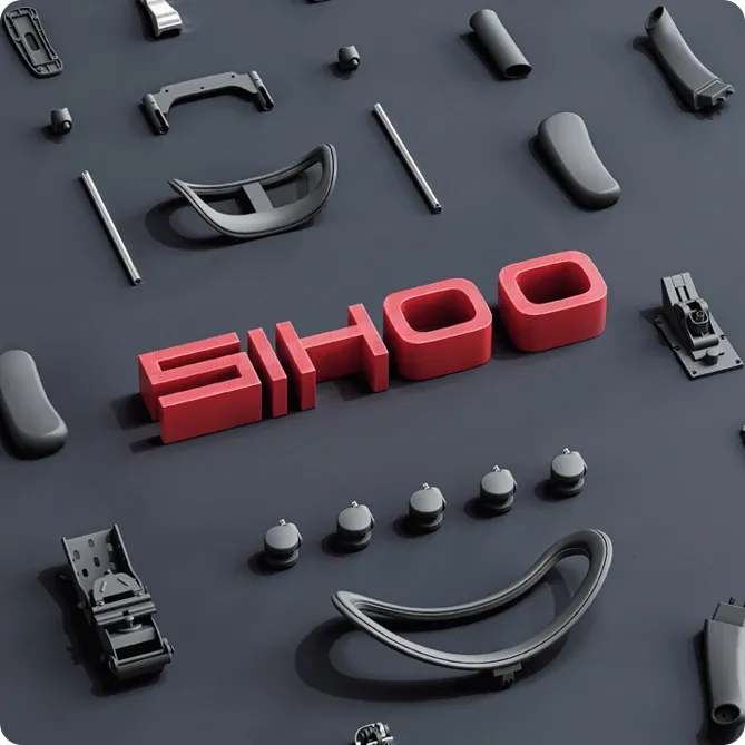 Pièces détachées d’une chaise disposées autour du logo Sihoo
