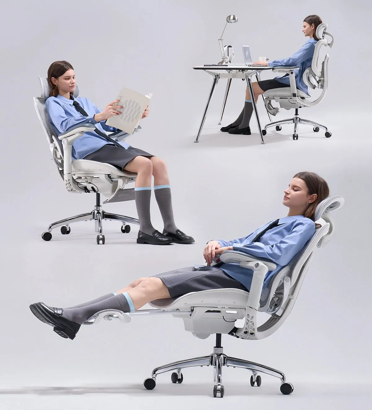Trois postures sur le Doro C300 Pro V2 : travailler, lire, s’incliner