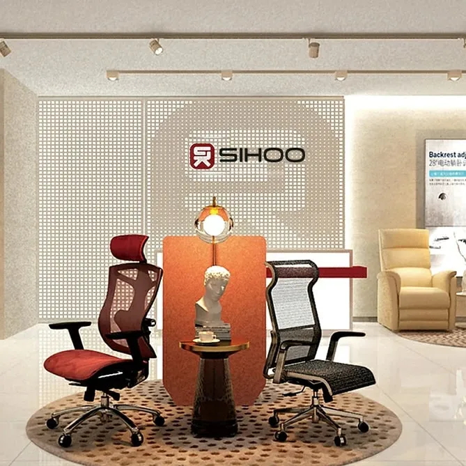 Espace d’exposition Sihoo : chaises ergonomiques présentées sous le logo de la marque
