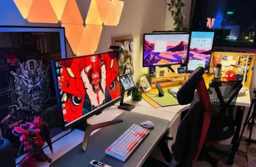 Setup gaming avec triple écran, éclairage RGB et décorations d’anime, prêt pour le streaming et le jeu vidéo.