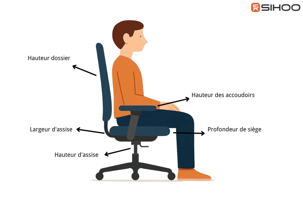 Schéma d’une personne assise sur une chaise de bureau avec des annotations : hauteur du dossier, hauteur des accoudoirs, profondeur de siège, hauteur d’assise, largeur d’assise