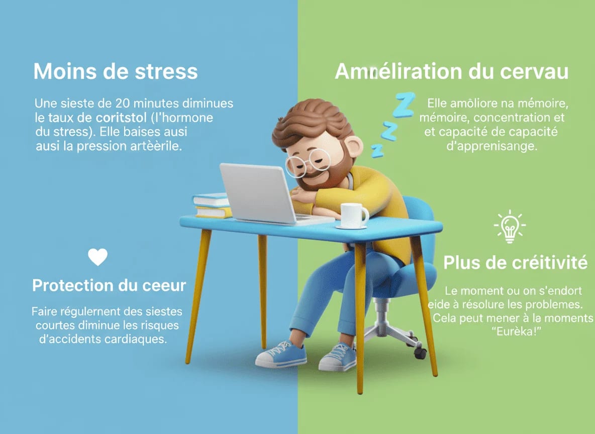 Infographie sur les bienfaits de dormir au bureau : moins de stress, protection du cœur, amélioration de la mémoire et de la concentration, plus de créativité.