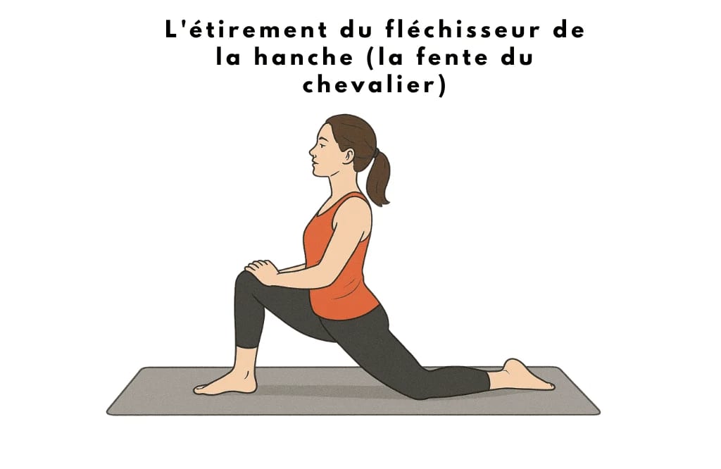 Illustration d’une femme en tenue de sport (débardeur orange-rouge et legging noir) effectuant l'étirement du fléchisseur de la hanche en position de fente du chevalier, sur un tapis gris, avec le texte "L'étirement du fléchisseur de la hanche" au-dessus.