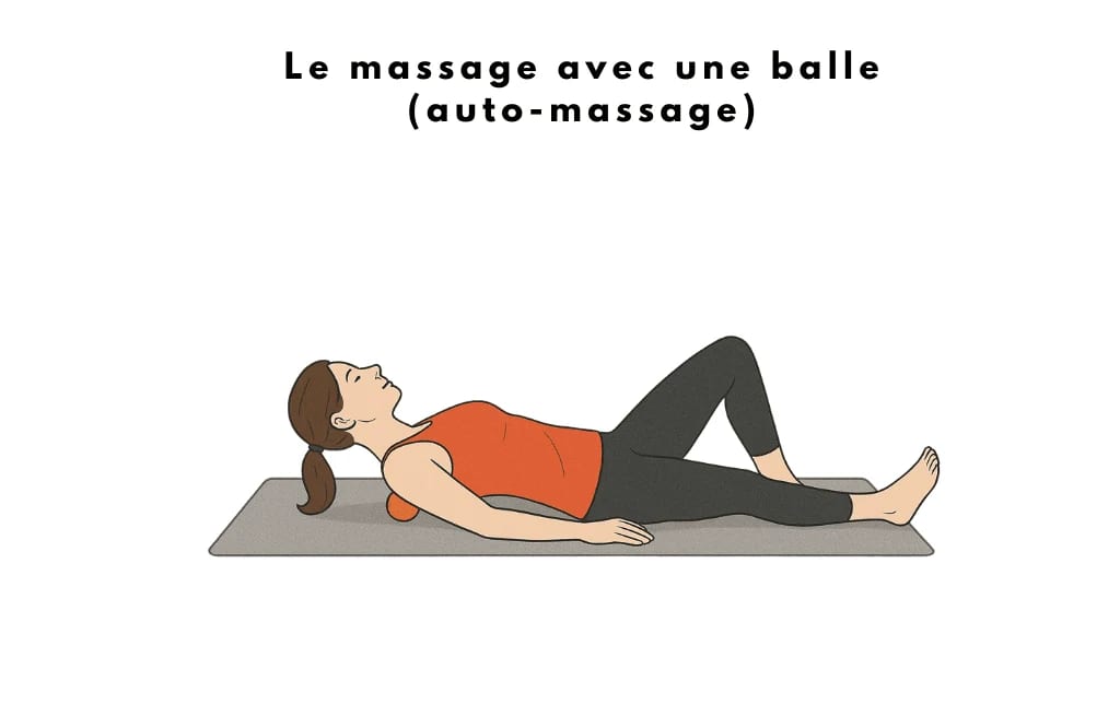 Illustration d’une femme en débardeur orange-rouge et legging noir allongée sur un tapis gris, utilisant une balle placée sous son dos pour un auto-massage, avec le texte "Le massage avec une balle (auto-massage)" au-dessus.