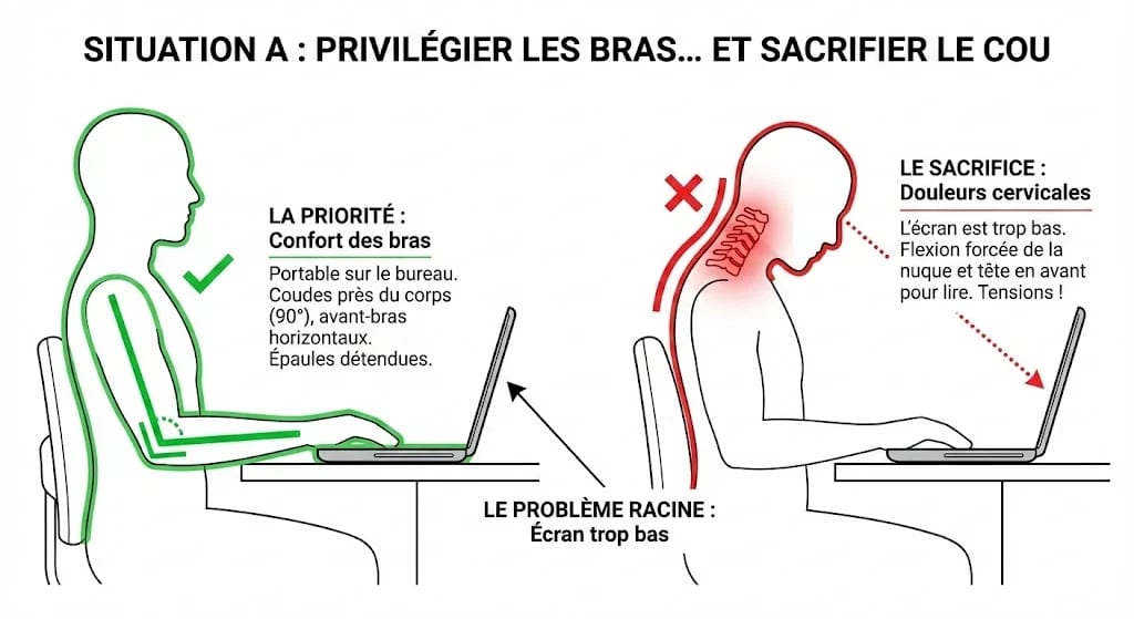 Infographie ergonomie montrant qu’un écran d’ordinateur portable trop bas provoque des douleurs cervicales malgré une bonne position des bras.