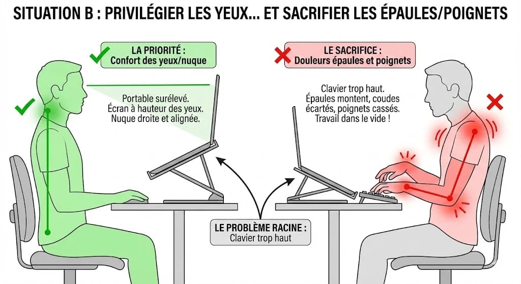 Schéma ergonomique illustrant les douleurs aux épaules et aux poignets causées par un clavier d’ordinateur portable surélevé sans clavier externe.