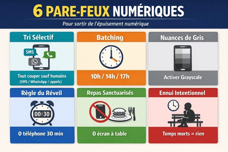 Infographie présentant 6 pare-feux numériques pour réduire l’épuisement numérique et reprendre le contrôle de son attention.