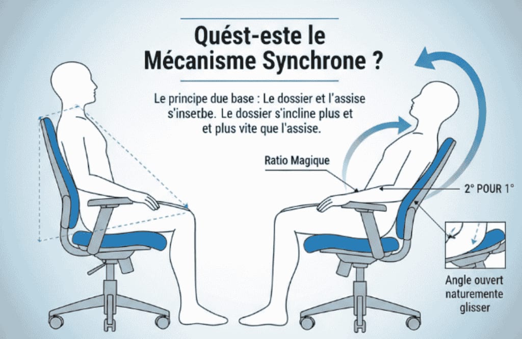 Illustration du mécanisme synchrone d’une chaise de bureau, montrant l’inclinaison coordonnée du dossier et de l’assise à un ratio de 2 pour 1, favorisant une posture naturelle et une meilleure circulation.