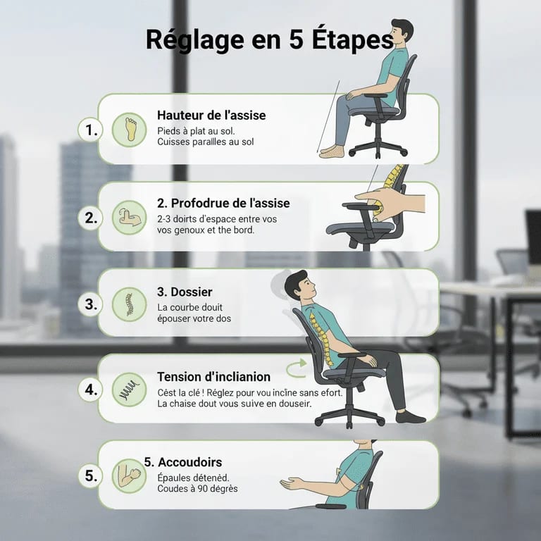 Réglage ergonomique de la chaise en 5 étapes pour un confort optimal au travail. Ajustez la hauteur, la profondeur, le dossier, la tension d’inclinaison et les accoudoirs pour une posture correcte.