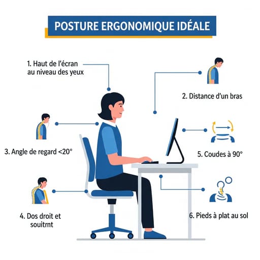 Schéma de la posture ergonomique idéale au bureau, montrant une personne de profil avec les 6 points de contrôle : écran à hauteur des yeux, distance correcte, dos droit, coudes à 90° et pieds à plat.