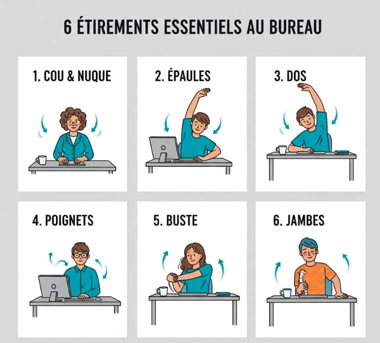 Il présente 6 à 8 pictogrammes d'étirements faciles à réaliser à votre poste de travail (étirements du cou, des épaules, du dos, etc.).