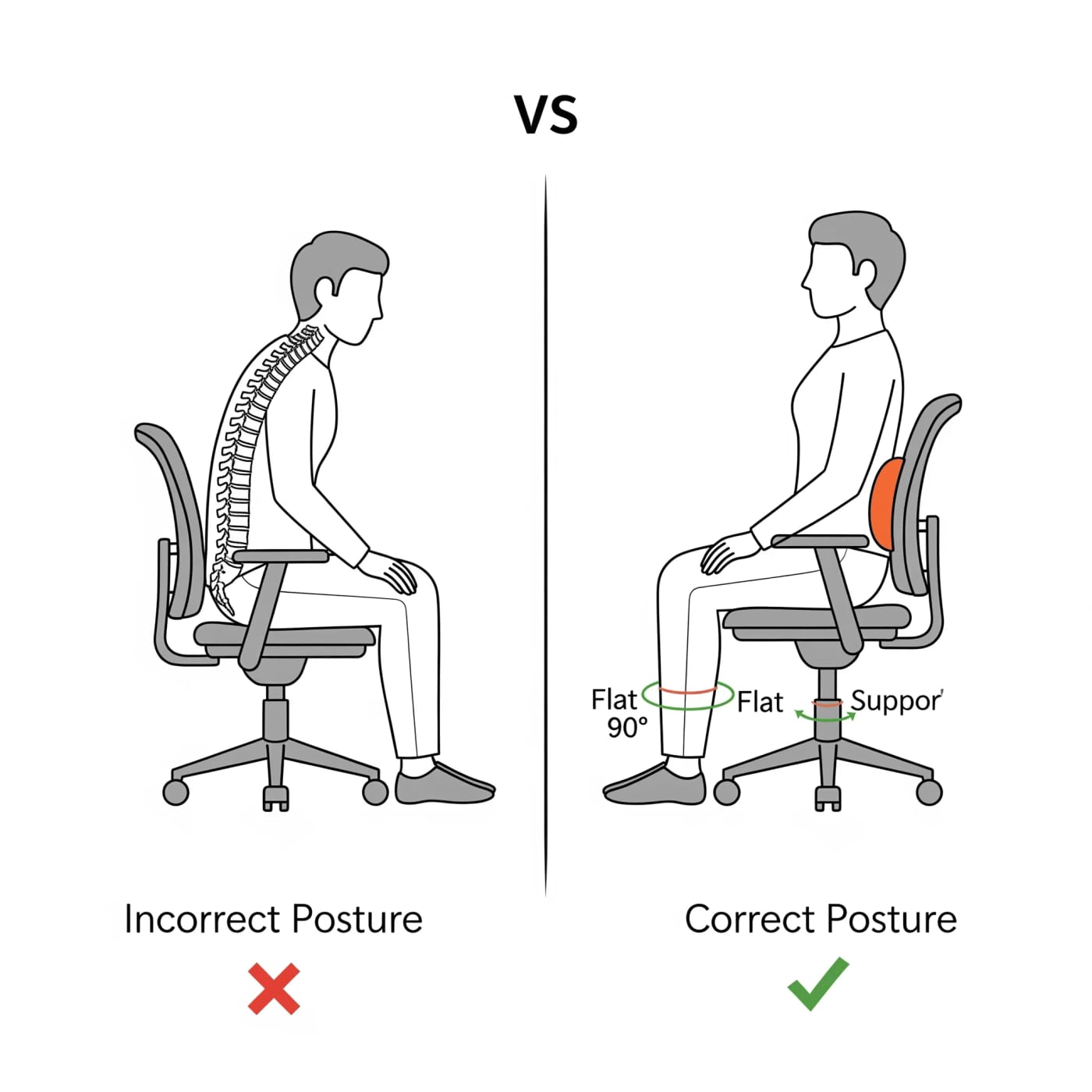 Infographie comparant une mauvaise posture assise, avec le dos courbé, et une bonne posture assise, droite avec soutien lombaire, pour la prévention du mal de dos.