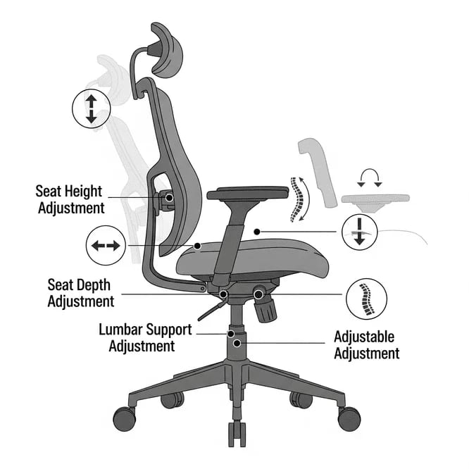Guide illustré des réglages d’une chaise de bureau ergonomique : hauteur et profondeur de l’assise, soutien lombaire, et accoudoirs, essentiels pour la prévention du mal de dos.