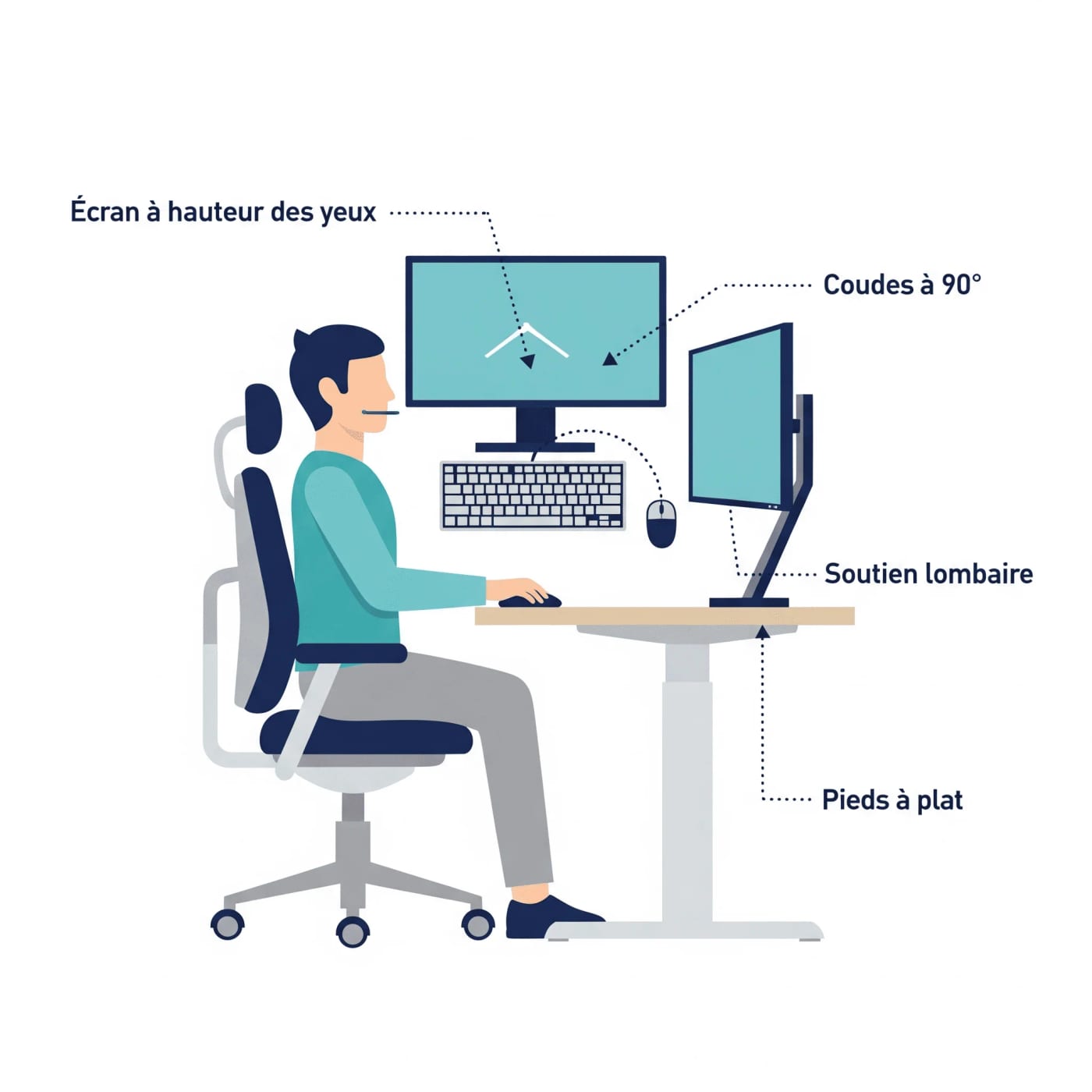 Schéma d’un bureau ergonomique montrant les bonnes pratiques pour prévenir les TMS : écran au niveau des yeux, soutien lombaire, et posture correcte des bras et des jambes.