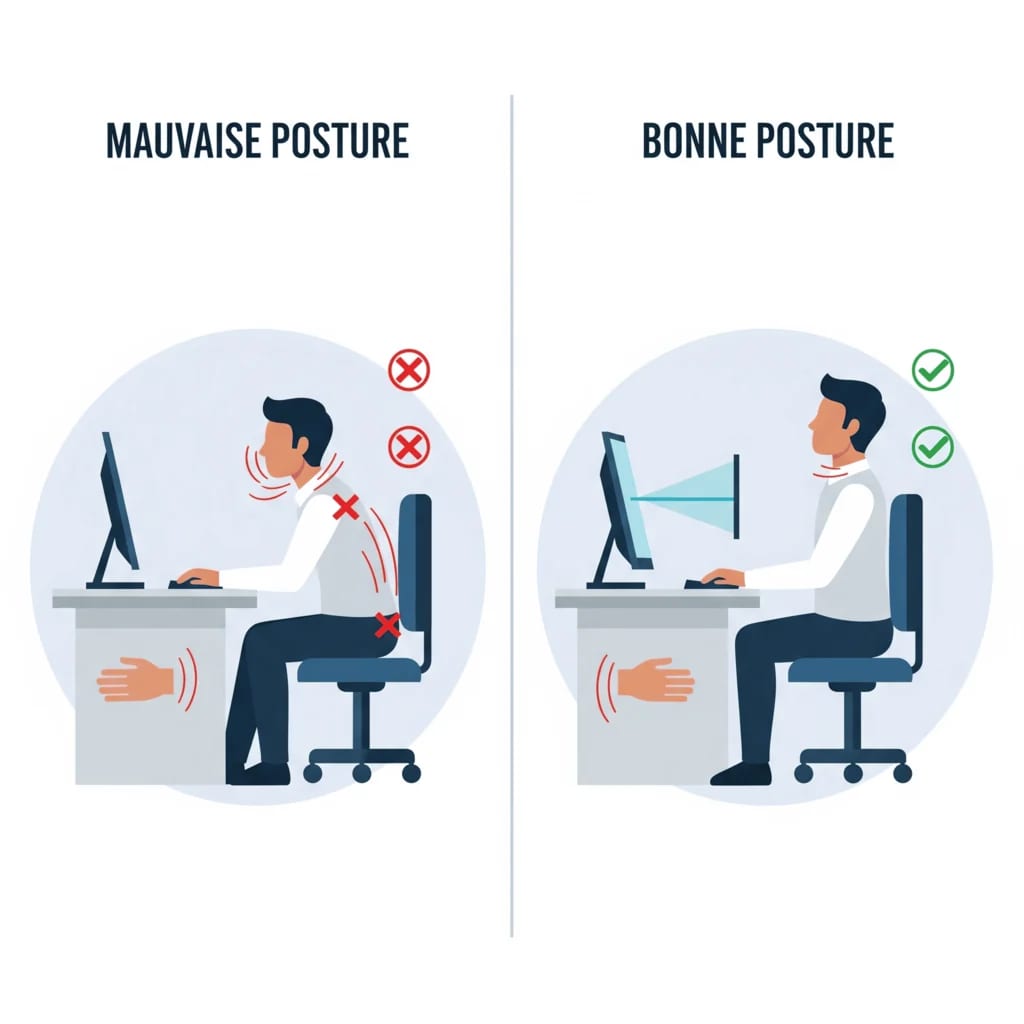 Comparaison visuelle pour la prévention des TMS, illustrant les erreurs de posture courantes (dos courbé, cou penché) et la posture ergonomique idéale à adopter pour travailler sans douleur.