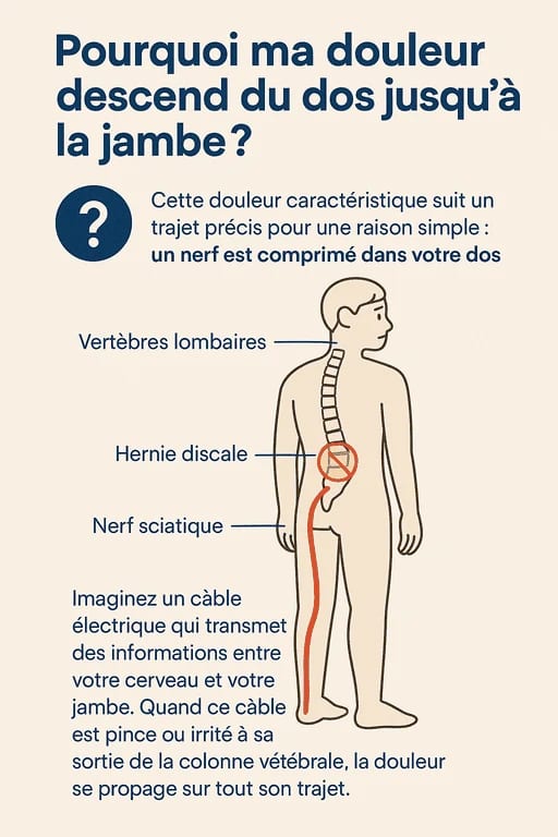 Schéma expliquant la douleur sciatique du dos à la jambe avec nerf comprimé.