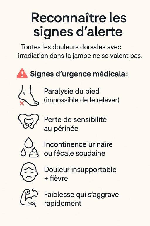 Infographie des signes d’urgence médicale liés à une sciatique.