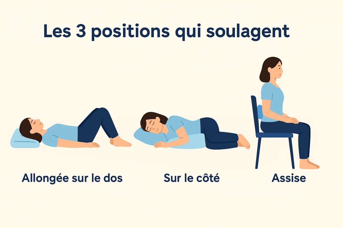 Trois positions illustrées pour soulager la sciatique : allongée sur le dos, sur le côté et assise avec support.