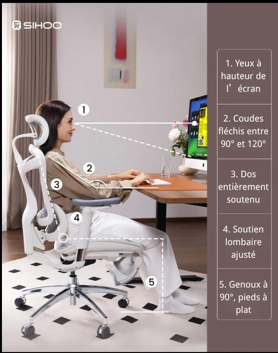 Femme assise avec posture ergonomique au bureau avec chaise Sihoo