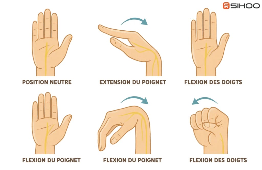 Illustration médicale des mouvements du poignet et des doigts